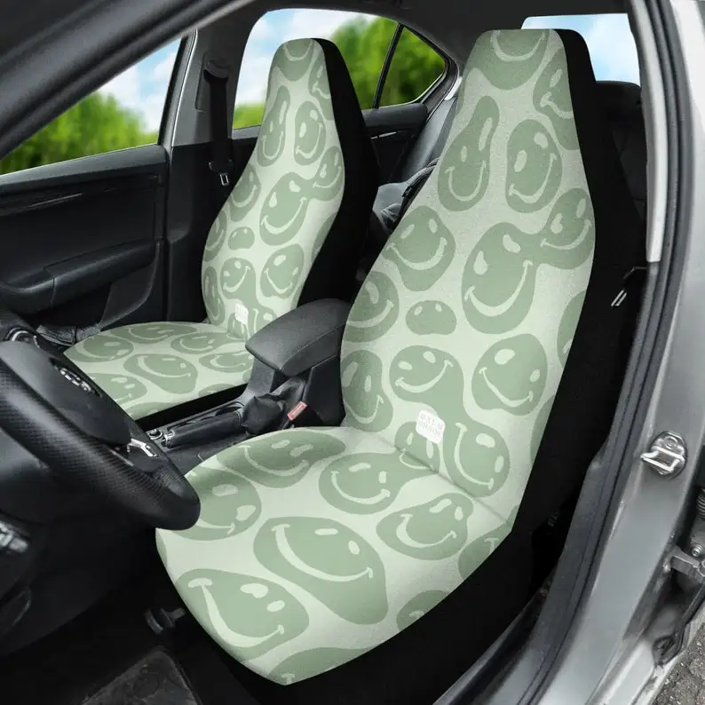 

Sage Green Car Seat Covers for Women for Vehicle Set of 2 | Cute y2k Retro Smiley Face Print