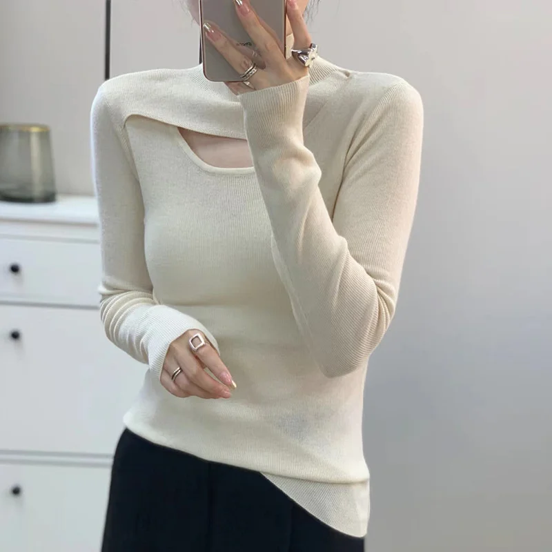 

Autumn New Design Sensual Cutout Half High Neck Wool Knit Shirt Korean Edition Laydown Slim Bottom Top