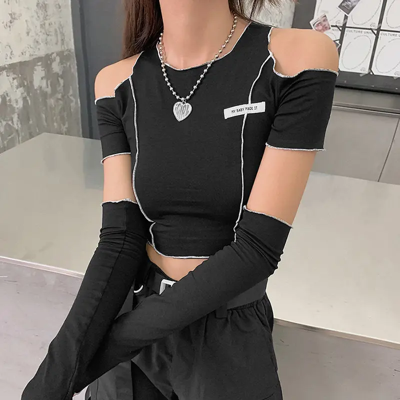 

T-shirts Women Long Sleeve Slim O-neck Patchwork Crop All-match Hip-hop Leisure Summer Fashion Vintage Tender Hot Girls Ulzzang