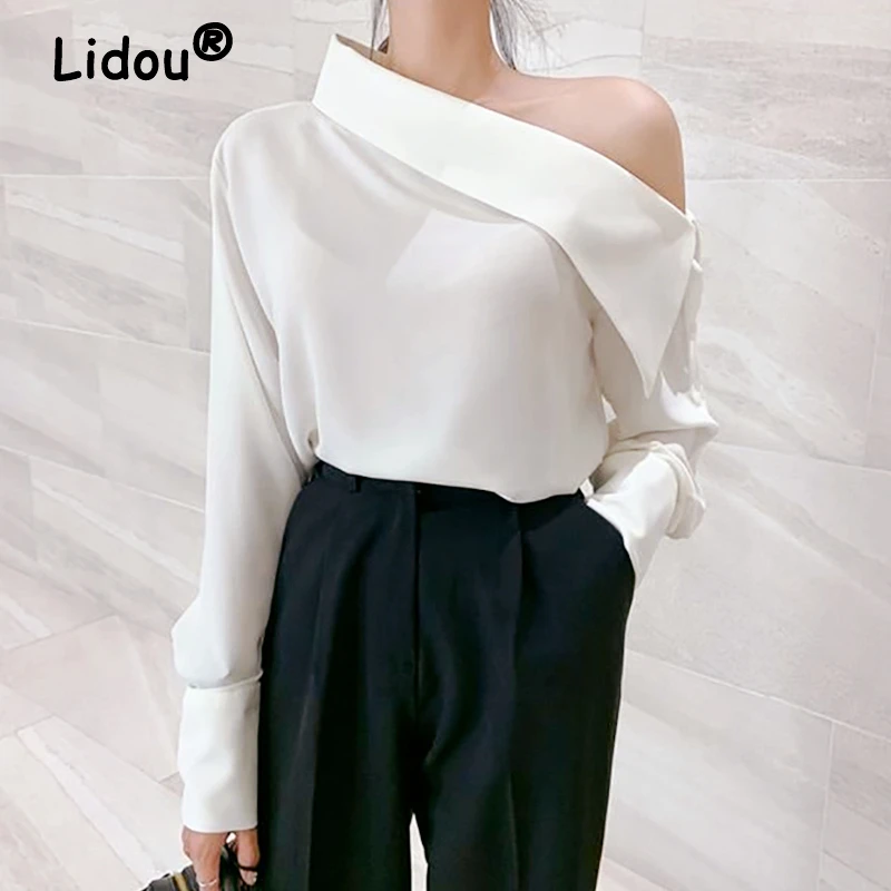 Off-the-shoulder Chic White Shirt Korean Style Elegant Blouse 2022 Summer Fashion Shirt for Female Long Sleeve Sexy Design Shirt