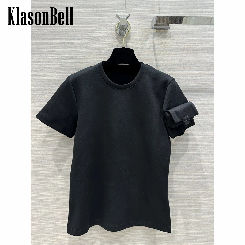 

12,8 KlasonBell манжеты с карманом с надписью дизайнерская однотонная хлопковая Футболка с круглым вырезом и коротким рукавом для женщин