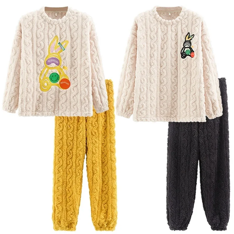 QUHENG 2022 Winter Long Sleeve Couple Thick Warm Flannel Pajama Sets for Men Cute Cartoon Sleepwear Women Homewear Home Clothes