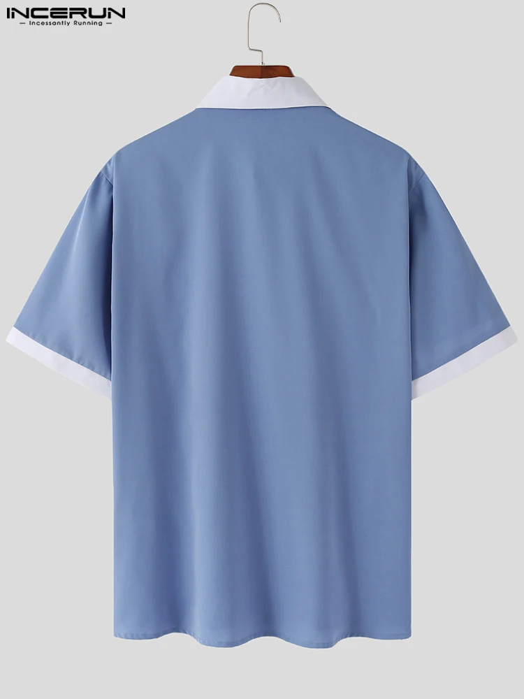 Handsome Well Fitting Tops INCERUN Men Fashion Triangle Collar Blouse Casual Streetwear Male Color-blocking Sleeve Shirts S-5XL