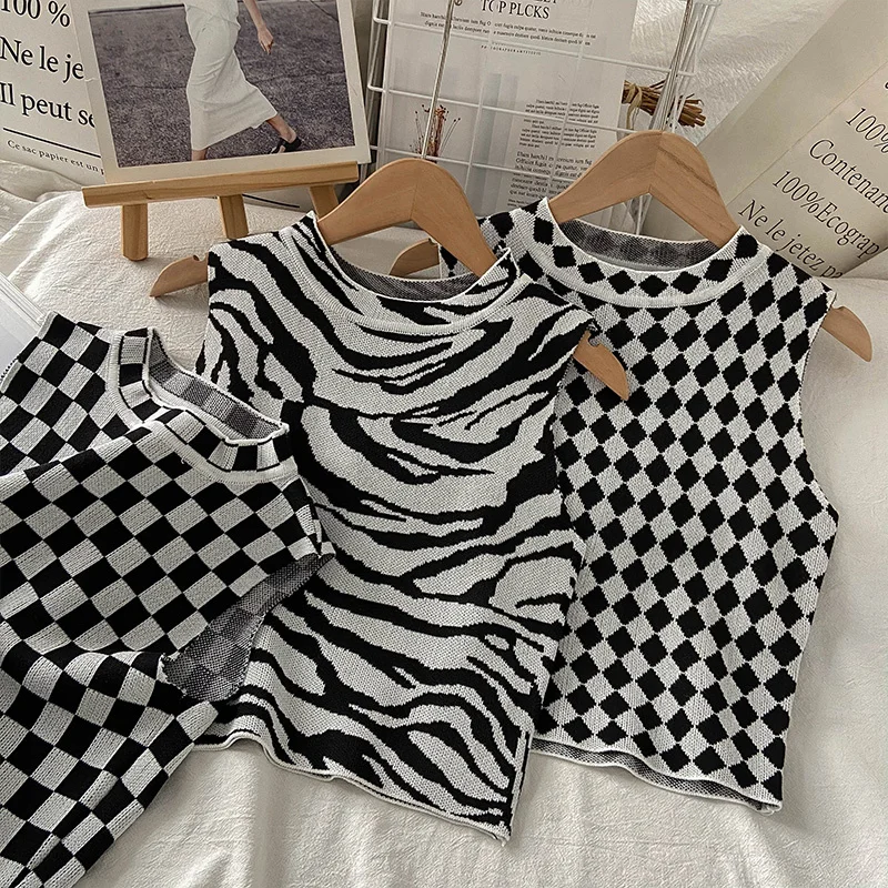 

Checkerboard Plaid Camis Women Casual O-neck Sleeveless Slim Bottomed Knitted Tops