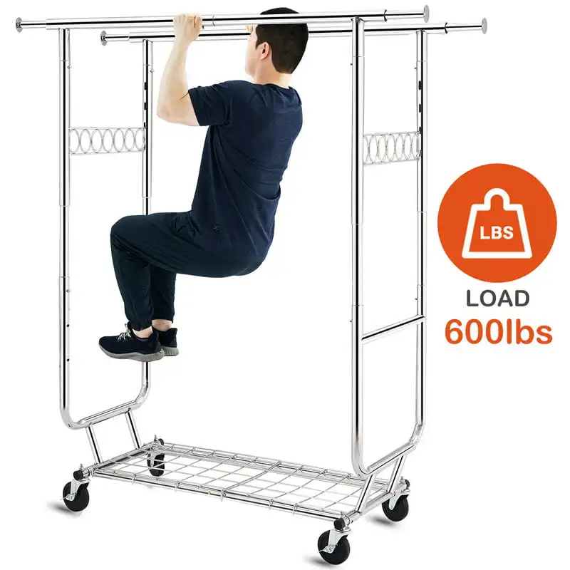 

600 lbs Commercial Grade Heavy Duty Garment Rack with Shelves Collapsible Clothing Racks on Wheels Rolling Clothes Rack for Han