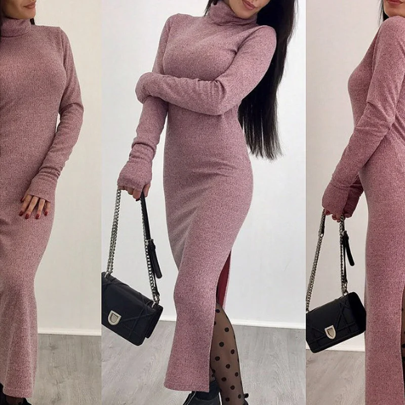 

Winter Long Sleeve Slim Slit Party Dress Women Solid Color High Neck Bodycon Dress Elegant Package Hip Office Knitted Long Dress
