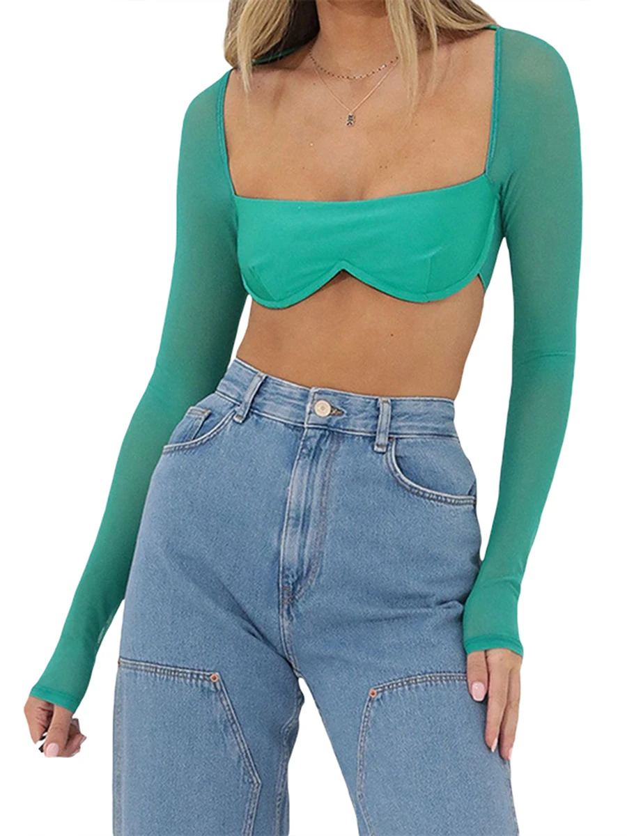 

Женские повседневные укороченные топы, однотонные сетчатые Лоскутные Топы с длинным рукавом и открытой спиной