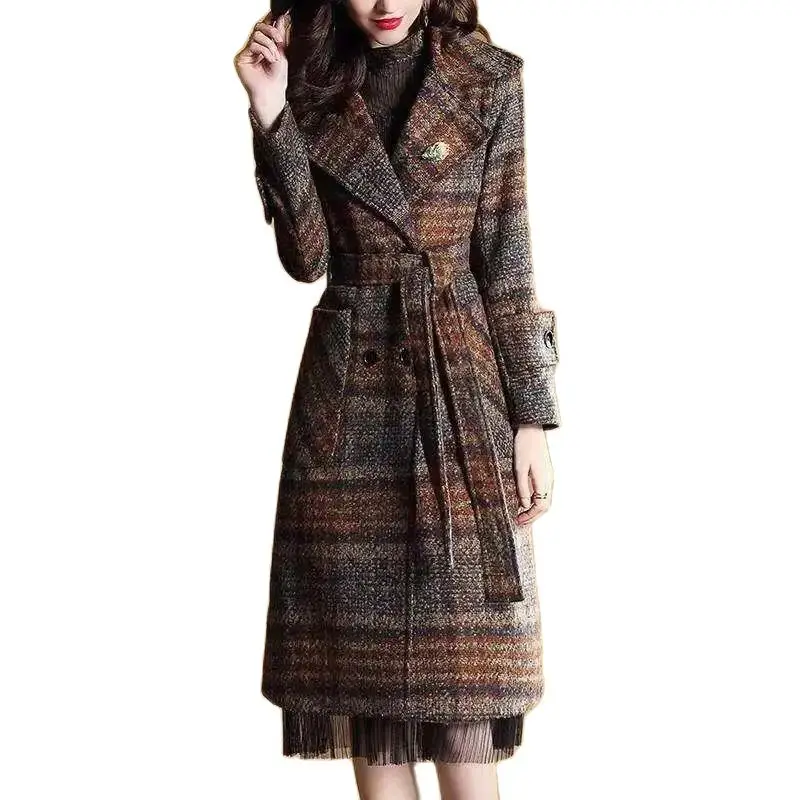 Женское шерстяное пальто в клетку Корейская шерстяная куртка средней длины