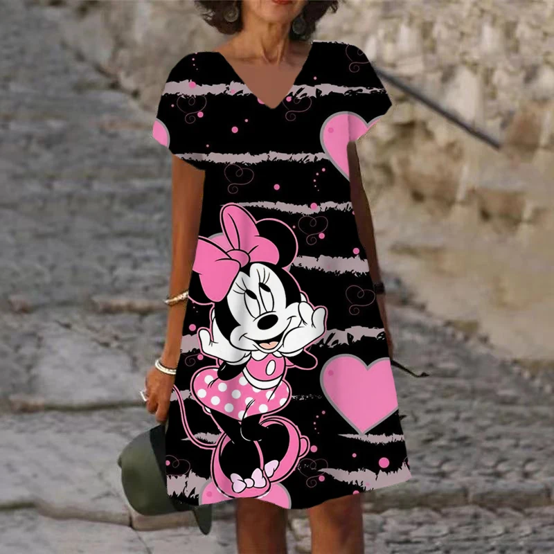 

Disney Summer Fashion Women's Minnie Mickey Mouse V-neck Love Print Casual Short Sleeve Dress Loose Soft and Comfortable Dress