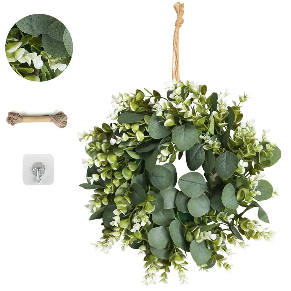 

Artificial Eucalyptus Leaf Decorative Wreath Faux Green Leaves Greenery Wreath For Front Door Wall Window Porch Decor