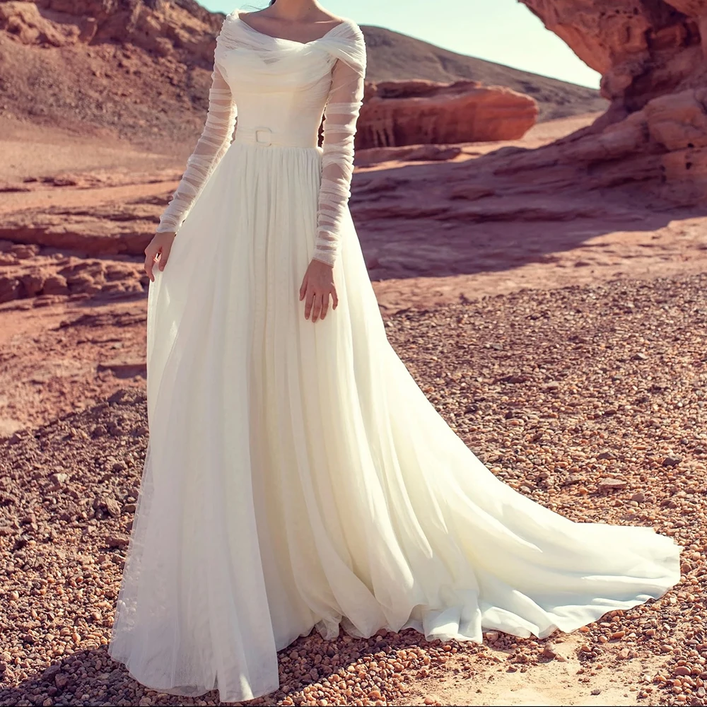 Прямое Плиссированное однотонное платье до пола с длинным рукавом и шлейфом