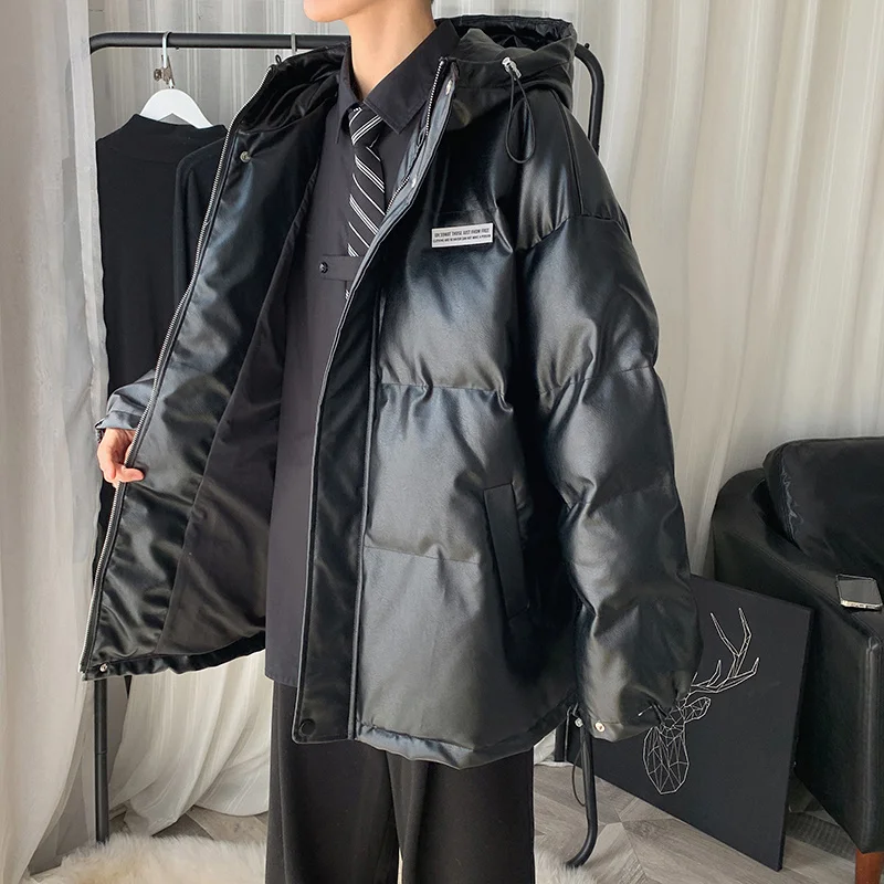 Winter Thickened Leather Jacket Men Warm Fashion Casual Hooded Leather Coat Men Streetwear Korean Loose Short Coat Mens Parker