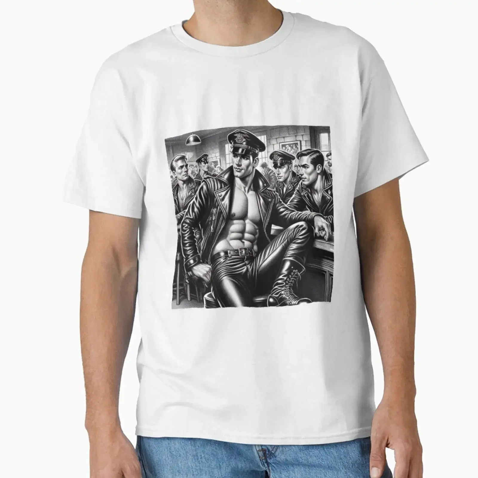 Фото Винтажная кожаная футболка 1940-х годов в стиле Bar Daddy Tom of Finland Tribute San Francisco Pride, винтажный топ с эффектом потертости для повседневной носки №1