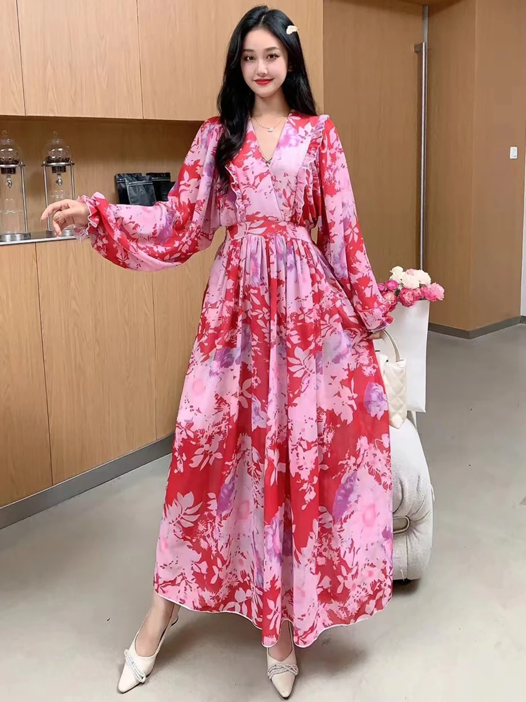 Женское шифоновое платье с V-образным вырезом длинным рукавом-фонариком