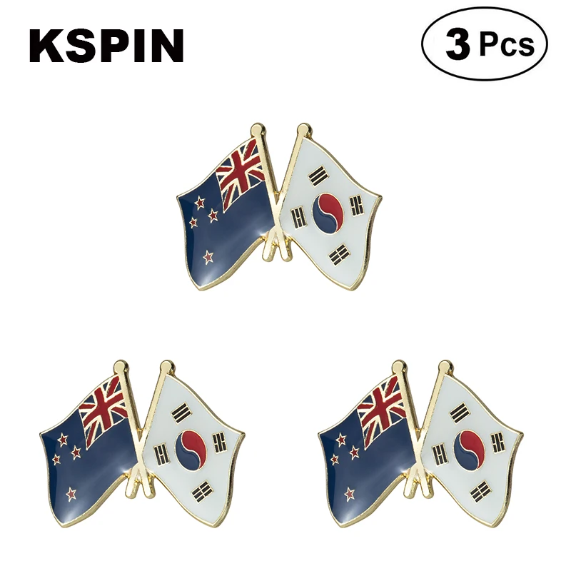 New Zealand and South Korea Friendship Flag Lapel Pins Badges Brooches 3pcs A Lot
