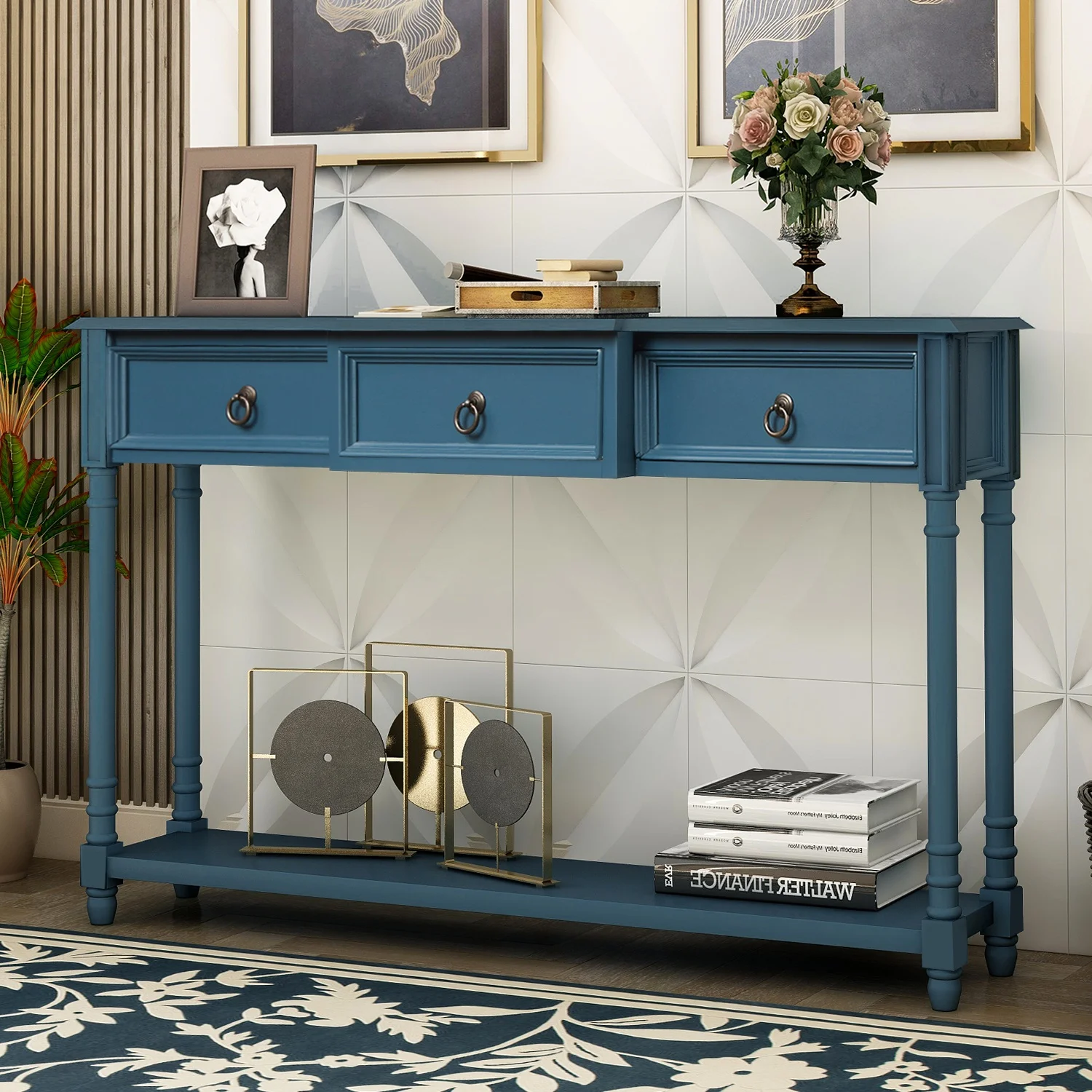 

51.57”L x 13.3”W x 34”H Console Table Sofa Table With Drawers For Entryway With Projecting Drawers And Long Shelf Antique Navy