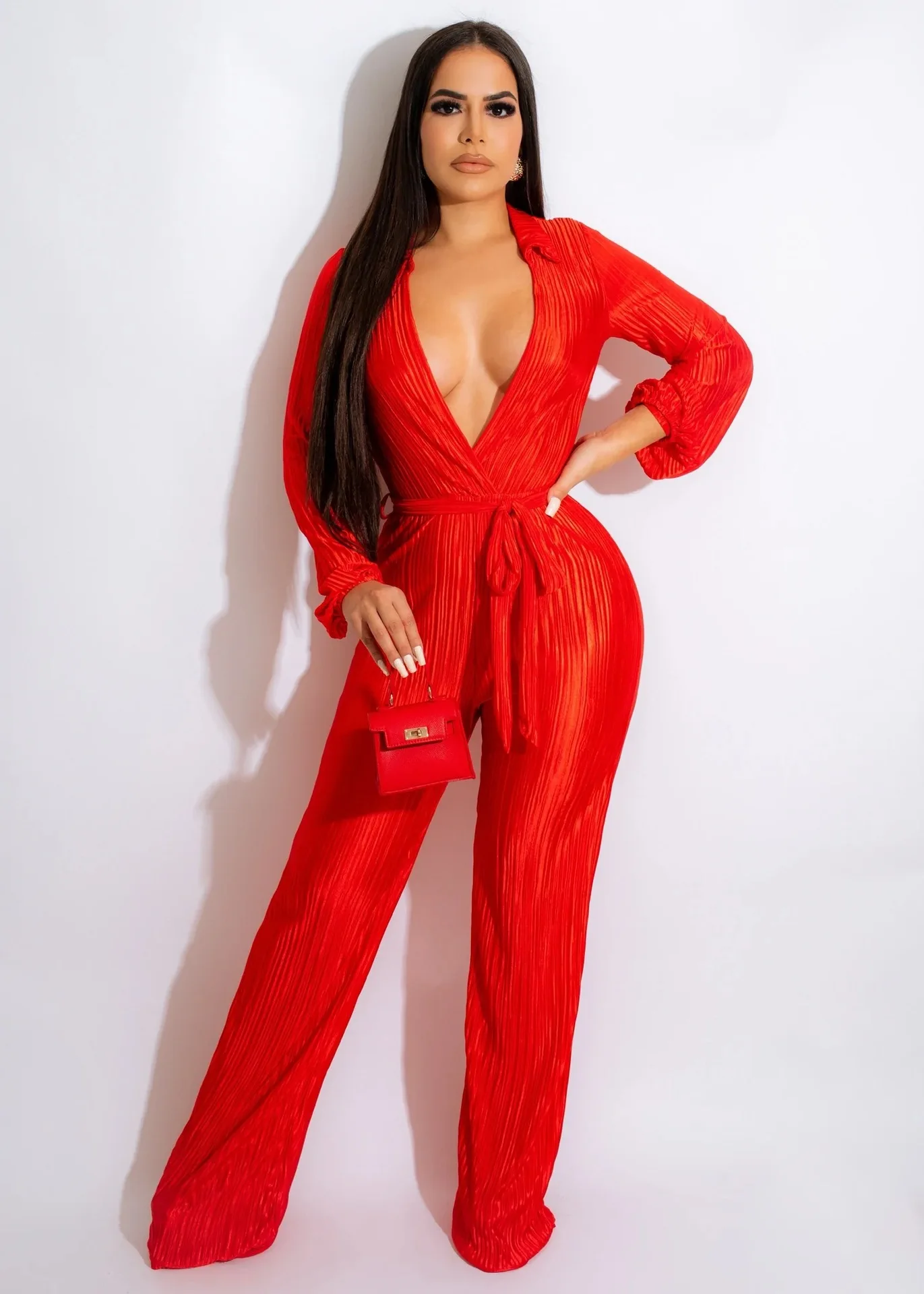 

Jumpsuit Women Sexy V Neck Sequins Long Sleeve Casual Belt Overalls Female High Waist Playsuit Elegant Ladies Party Club Romper