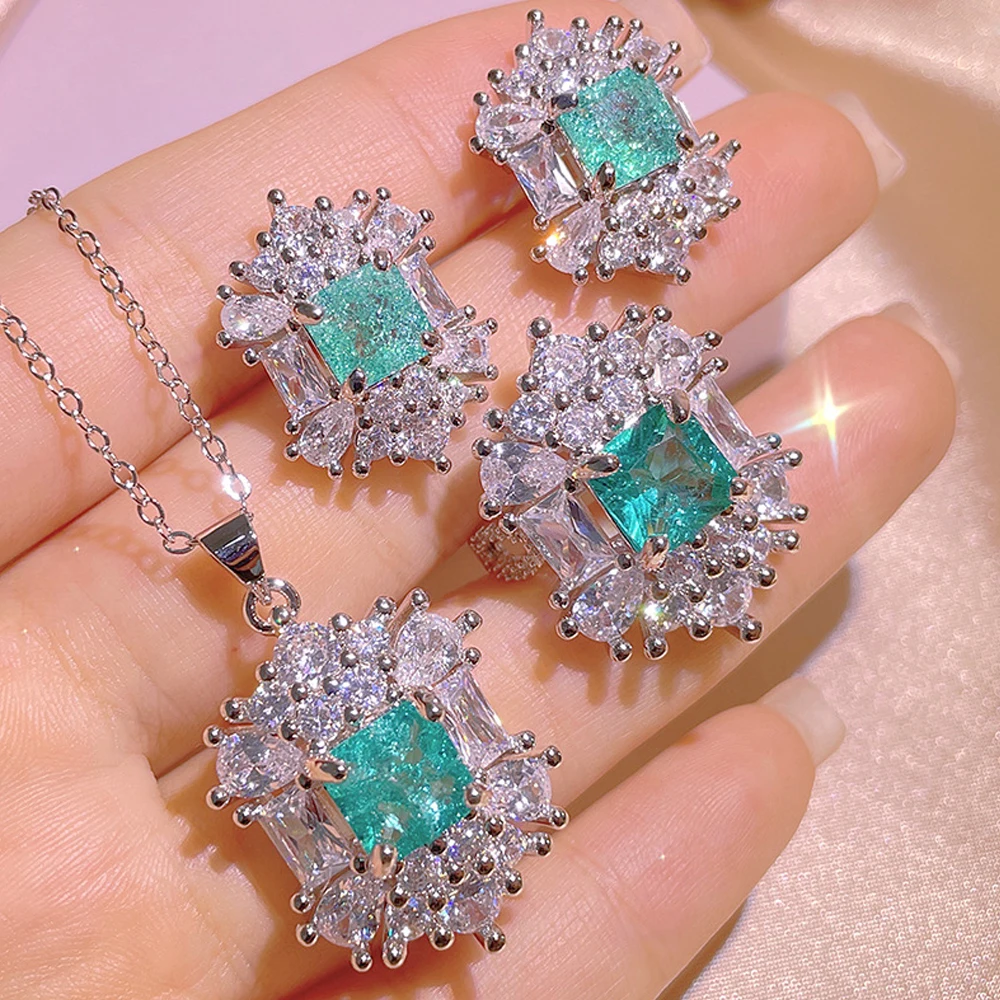 

Square Exquisite Micro Inlaid Shine Blue Zircon Earrigns For Women Bride Weddings Romantic Necklaces Fashion Three Priece Gfit