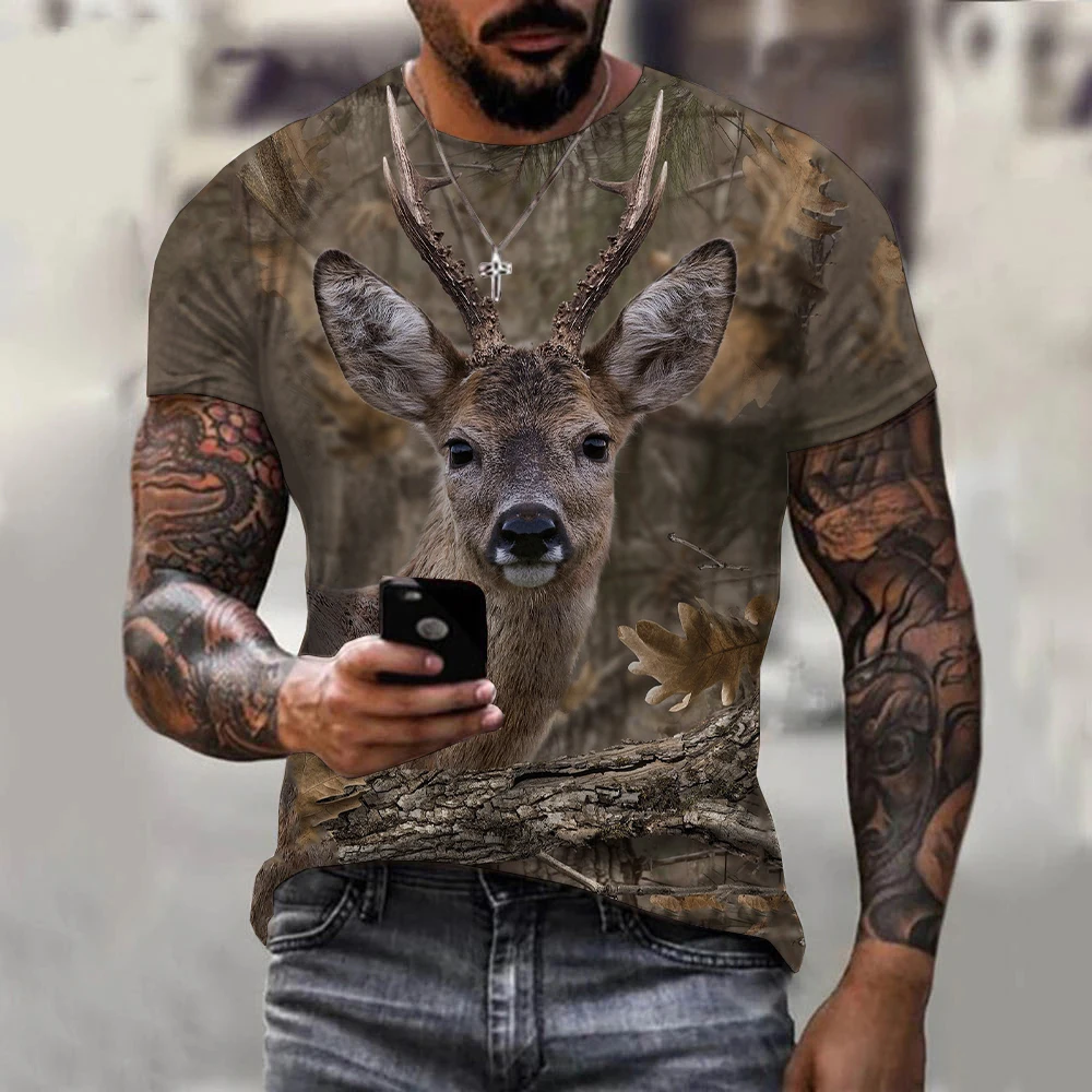 Summer New Men's T-Shirts 3D Camouflage Fox/deer  Print Oversized Casual Shirts Unisex Harajuku Style Polyester Material