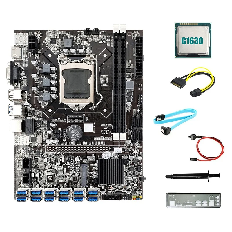 

B75 12USB BTC Mining Motherboard+G1630 CPU+SATA 15Pin To 6Pin Cable+SATA Cable+Switch Cable+Baffle+Thermal Grease