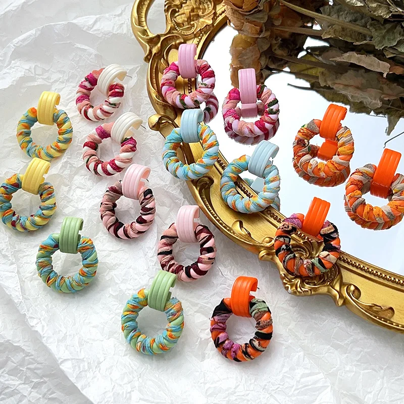 

New Colorful Boho Original Design Earring Cloth Handmade Round Acrylic Europe America Fashion Dangle Earrings Women Jewelry