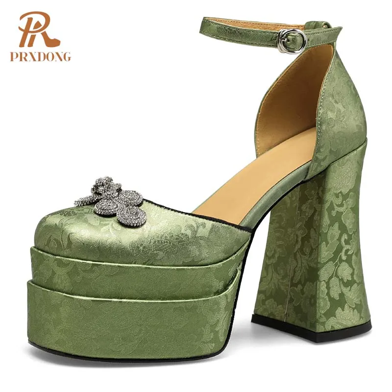 Женские туфли-лодочки на платформе PRXDONG серебристо-зеленые классические