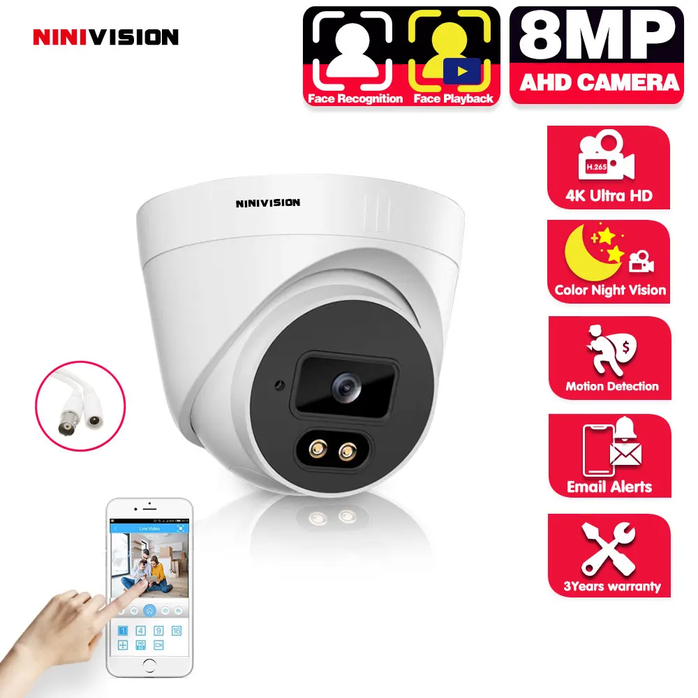 

Home Face Detection 8MP Dome Camera AHD 4K Colorful Night Security Camera Analog BNC H.265 Smart DVR Video Surveillance Camera