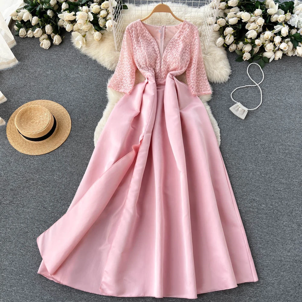 

Clothland Women Elegant Pink Maxi Dress Lace Emboridery V Neck Zipper A Line Party Club Event Holiday Long Dresses Mujer QB586