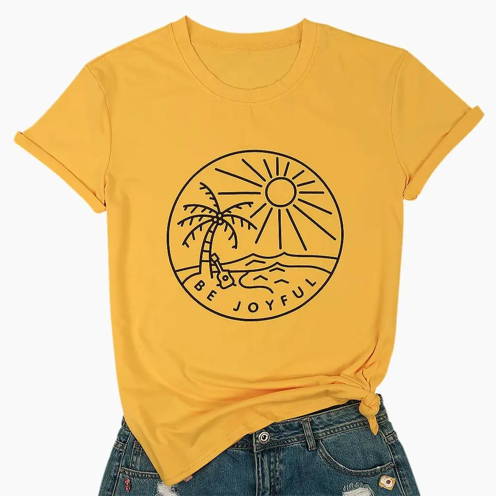 

Be Joyful Sunshine T-Shirt Women Beach Coconut Trees Graphic Shirt Tropical Vacation Tee Tops
