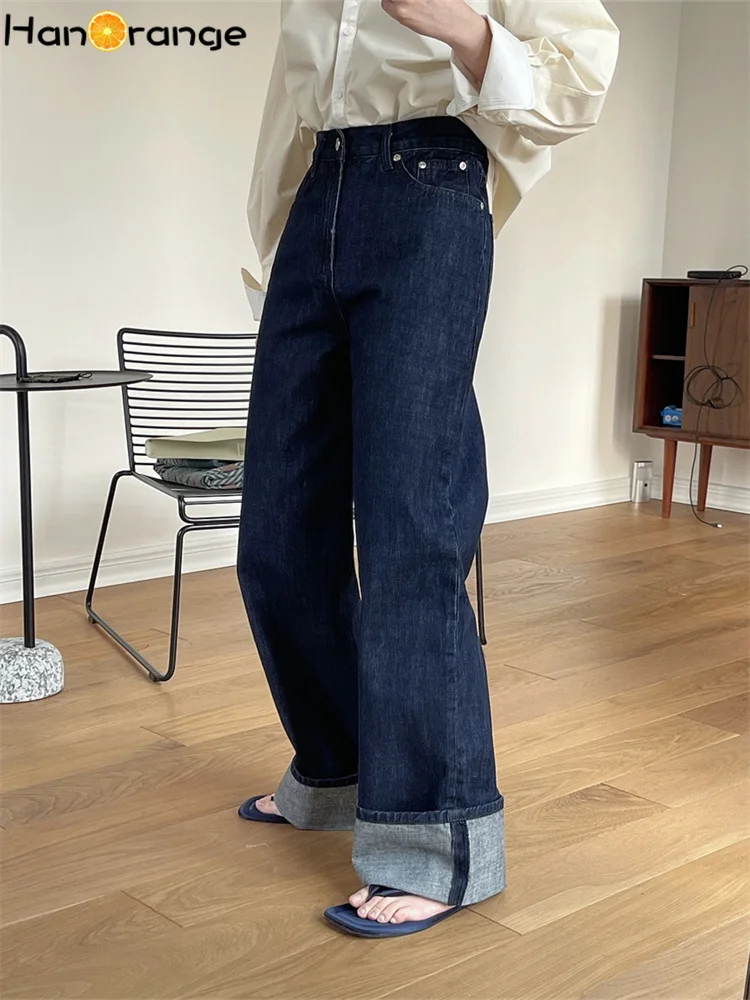 HanOrange 2022 Spring Fashion Contrast Cuffs Straight Jeans High Waist Loose Casual Mopping Denim Trousers Women Pants Dark Blue