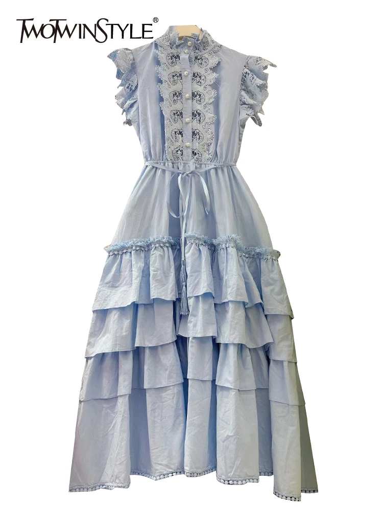 

TWOTWINSTYLE Vintage Solid Dress For Women Stand Collar Sleeveless High Waist Loose Midi Dresses Female Fashion Summer Clothing