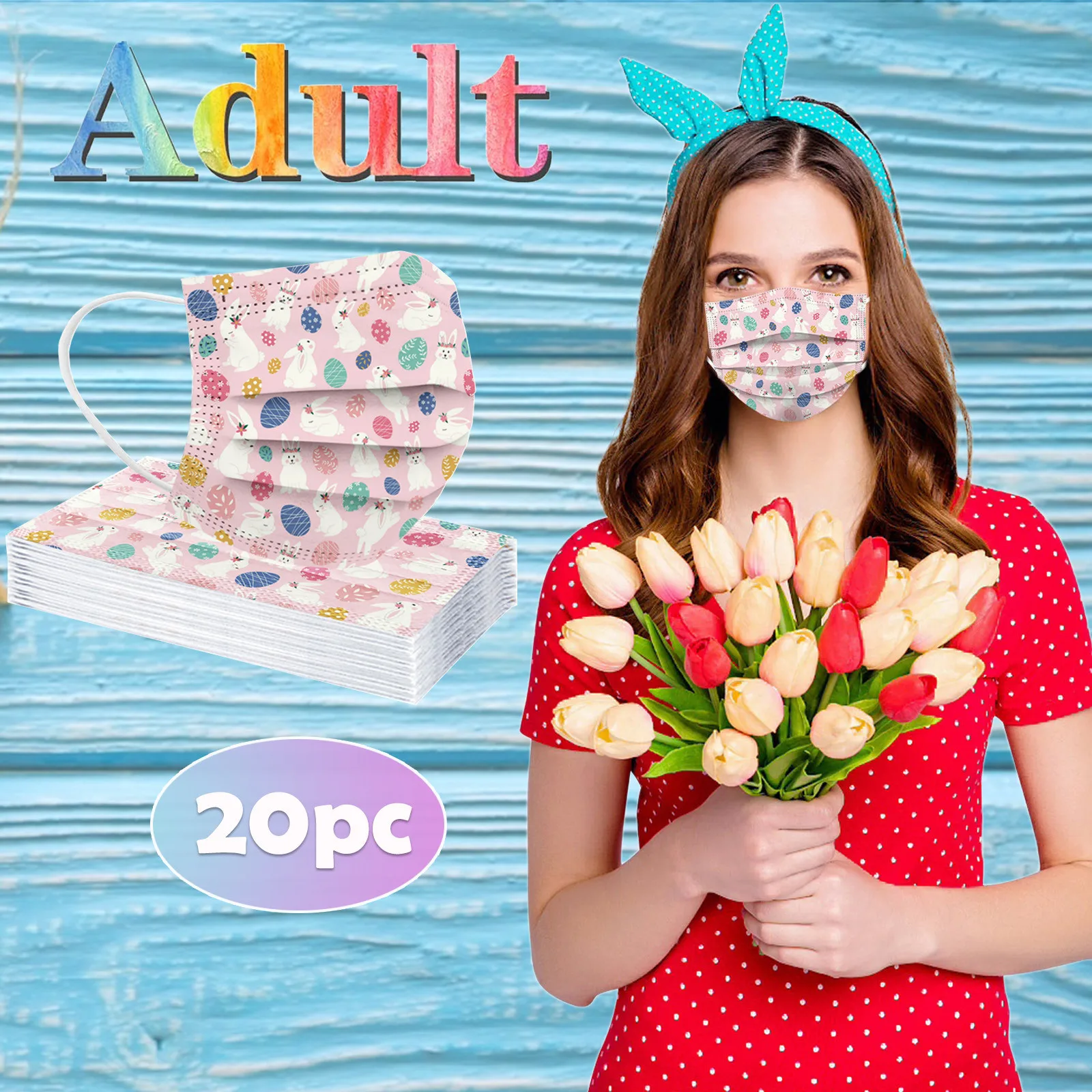

20PC Adult Easter Bunny Print Mask Disposable Face Mask Industrial 3Ply Anti-dust Earhook Mouth Mask For Easter Party Decoration