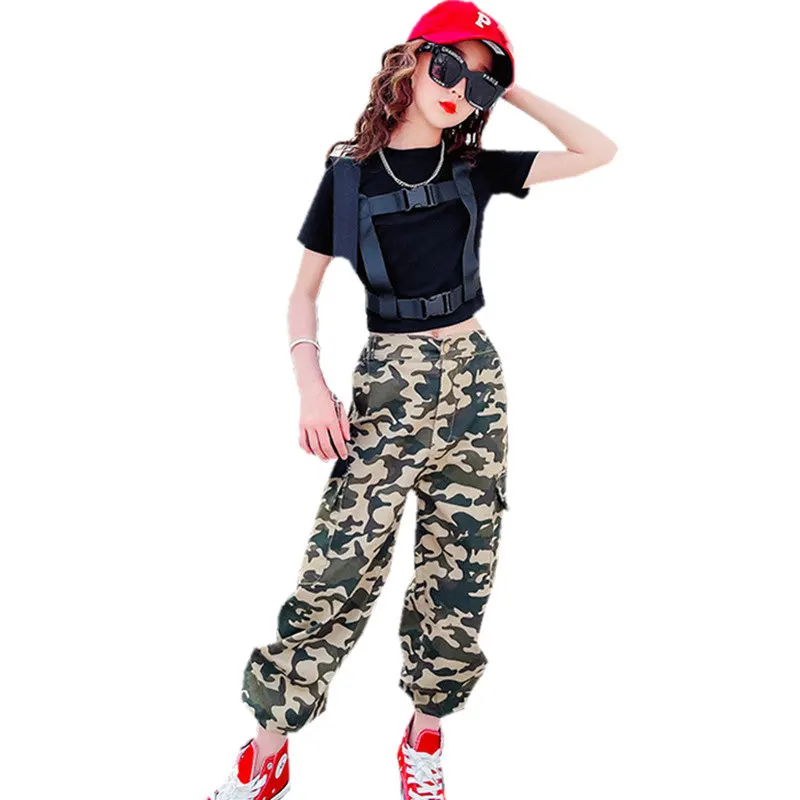 

Teenage Girls Crop Tops+Cargo Pants with Camouflage Color Fashion Clothes Suit 2022 Korean Summer Kids Sport Streetwear Costumes
