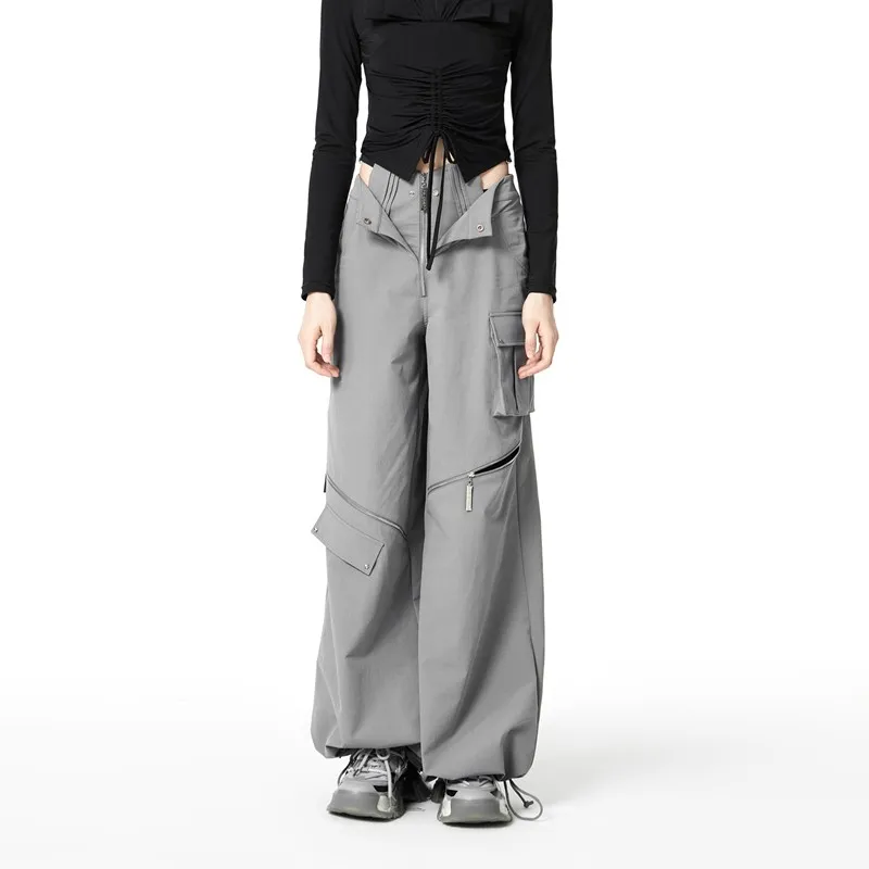 Hip Hop Black Overalls Spring Wide-leg Waist Hollow Out Zipper Patchwork Cargo Pants Streetwe Women Clothes Casual Trouser 25-38