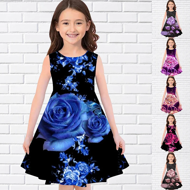 

Pretty Rose 3D Print Summer Sleeveless Girl Dress Casual O-Neck Long Dresses Fashion Girls Dresses For Eid Trend Kids Midi Skirt