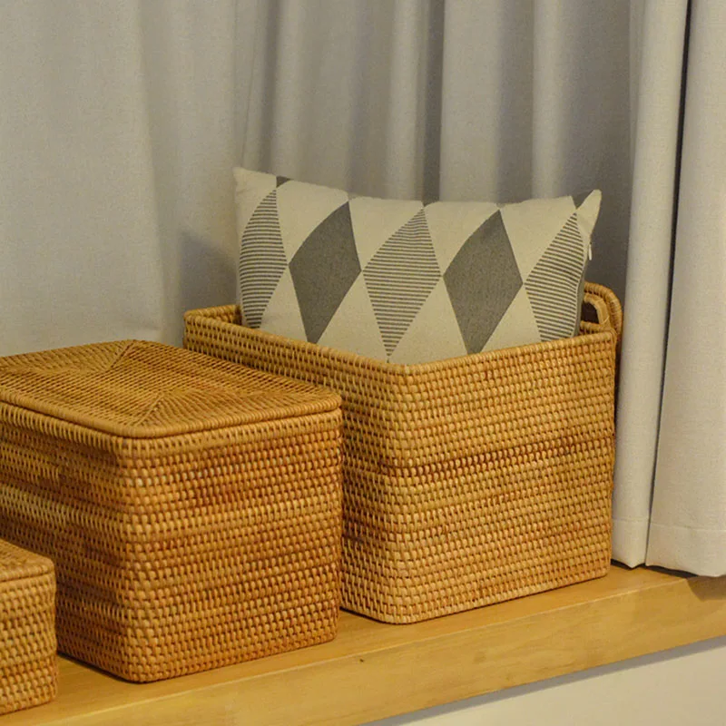 

Rectangular Hand Woven Storage Baskets Large Rattan Storage Box with Lid Laundry Bins Basket Closet Organizer Sundries Container