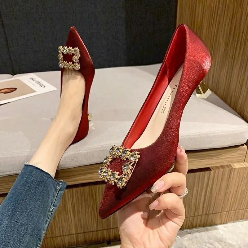 

Туфли-лодочки Женские Фланелевые, высокий каблук, квадратная пряжка, заостренный носок, туфли-лодочки, Рабочая обувь, свадебные туфли, 2023