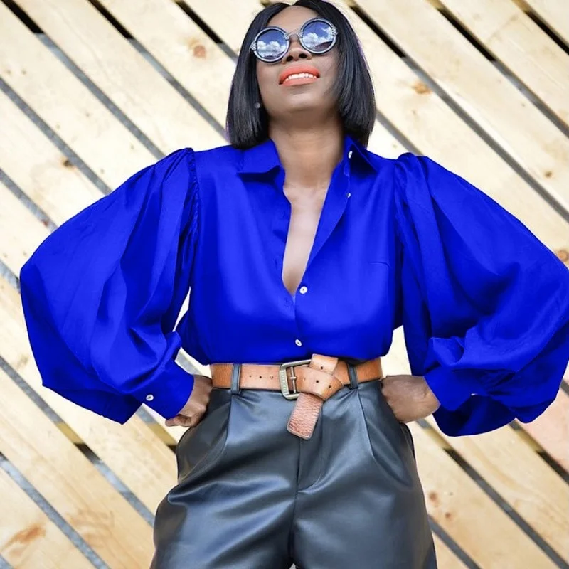 

Casual Loose Lady Sexy Tops Lantern Sleeve Vintage Silk Shirt Women Single-breasted Backless Satin Blouse Women Blusas New 19767