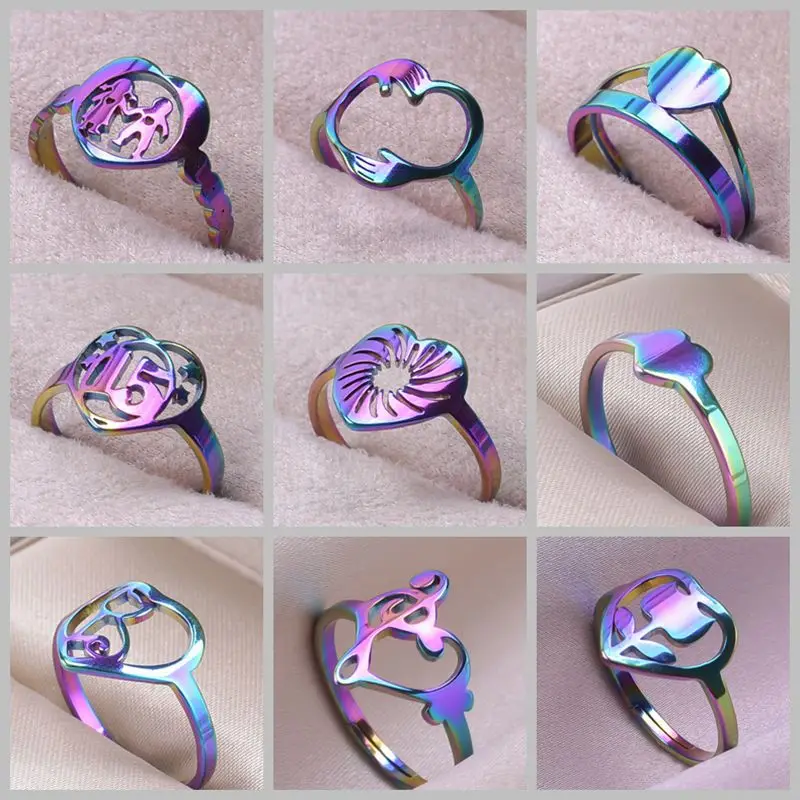 

Romantic Heart Rings for Women Stainless Steel Music Note Vintage Tulip Open Adjustable Unisex Ring Jewelry Summer Girl Gifts