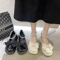 women mary jane shoes 2022 elegant bow platform loafers ankle pearl buckle wedge shoes plus size 43 44 woman party lolita shoes
