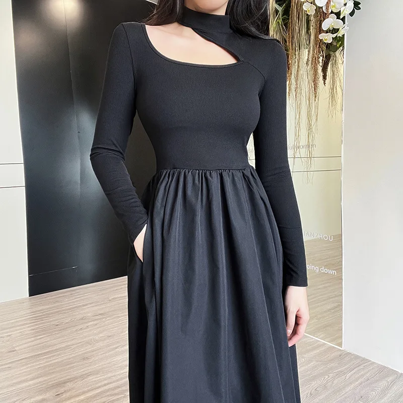 

Mid-High Neck Hollowed Out Socialite Atmosphere Quality Gentle Elegant Fashion Pengpeng A Set Show Thin Long Skirt Party Dress