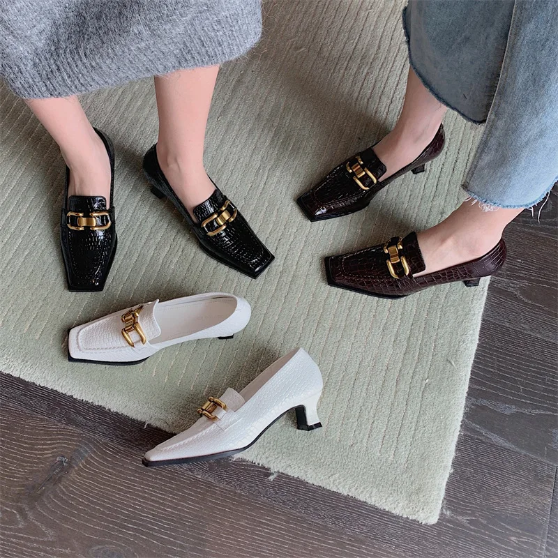 

2022 Spring Autumn Women Shoes Square Toe Stiletto Medium Heel Metal Buckle Baotou Shoes Low Heel Single Shoes Stone Pattern