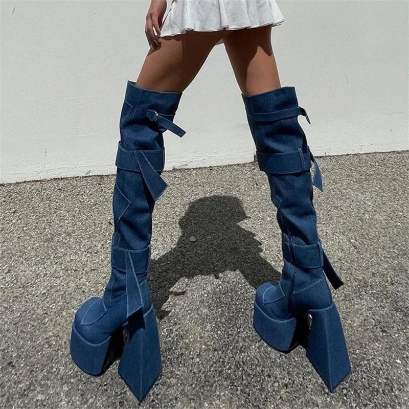 

Women's Cowboy Boots Winter 2022 Luxury Fashion Brand Designer Women Shoes Platform High Heel Denim Over The Knee Ladies Boots