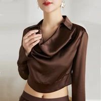 2022 heavy silk shirt high end swing collar silk pure color long sleeve top female coffee color summer