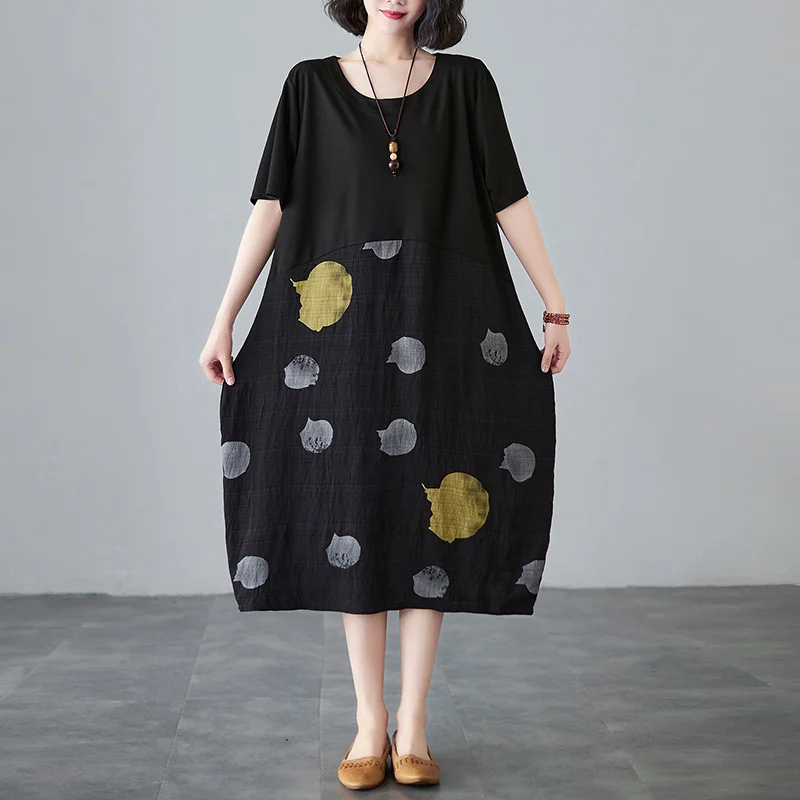 Летнее черное платье-миди #3266 женское в горошек из хлопка и льна женские