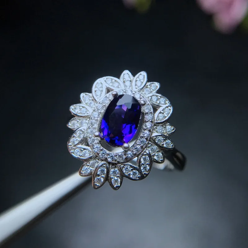 

MeiBaPJ Natural Amethyst Gemstone Sun Flower Simple Ring for Women Real 925 Sterling Silver Fine Charm Party Jewelry