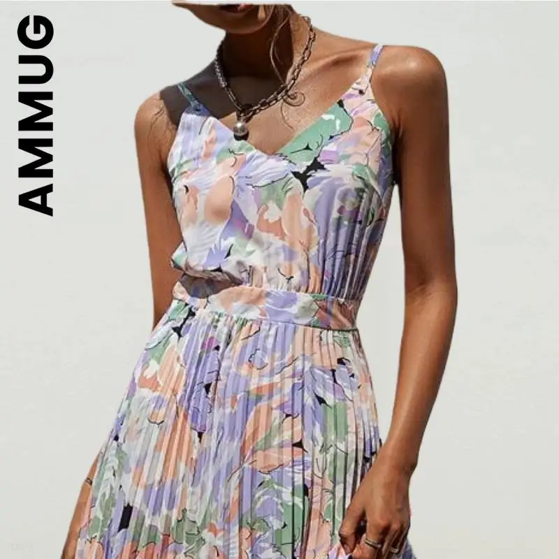 

Ammug New Dress Women V-neck holiday pleated print summer dress Popular Chic Streetwear Girl Slim Vestidos Female Dresses Woman