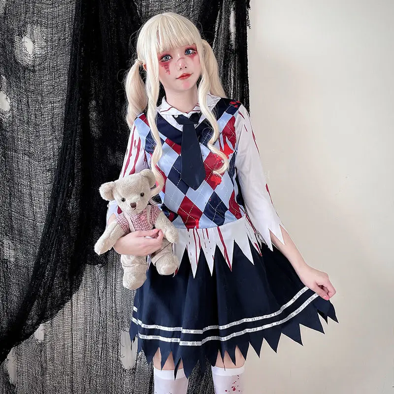 

2022 Halloween Cosplay Zombie Masquerade Party Jk Uniform Top Skirt Tie Vestido Feminino Horror Vampire Bloody Student Seifuku