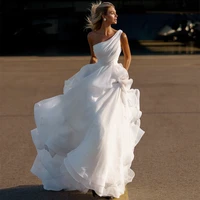 modern wedding dress belt pleat ruffle a line one shoulder wedding gown zipper up sleeveless elegant outdoor bridal dresses 2022