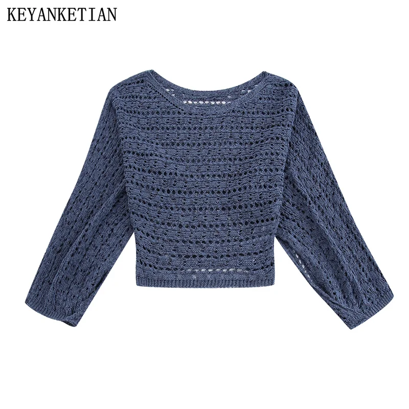 

KEYANKETIAN Autumn New Women's Cape Knitwear Hollow Sleeves Boho Chic Thin Round Neck O-Neck Short Pullover Sweater Blue